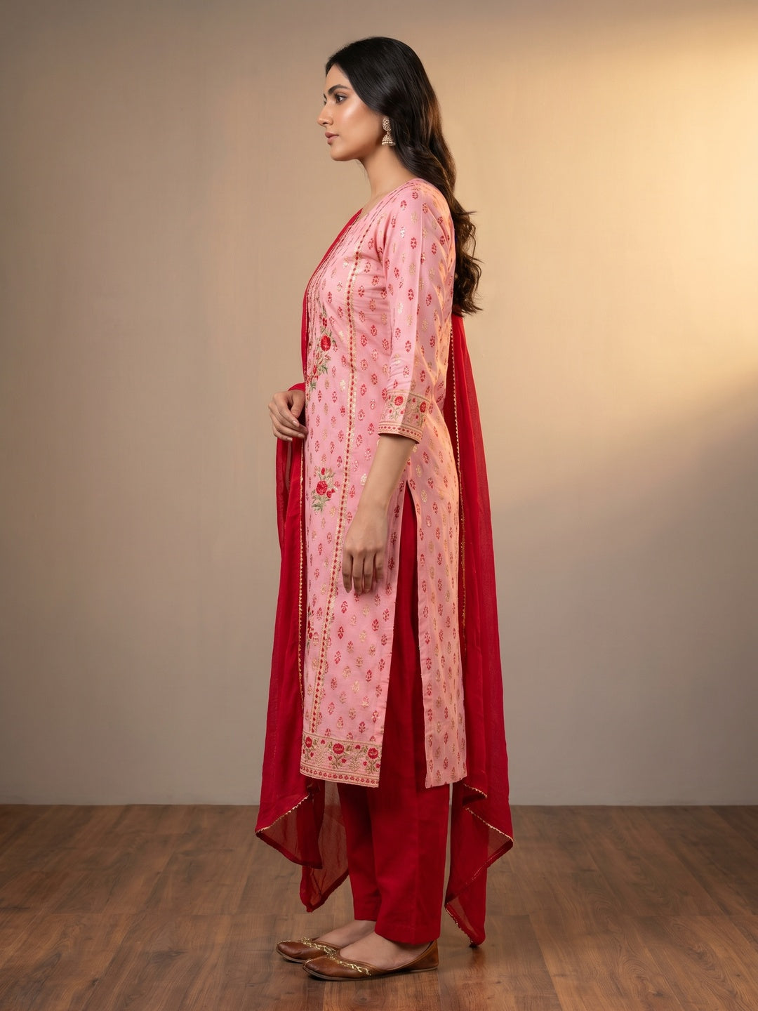 Red Foil Printed Pure Cotton Dress Material - Image 3