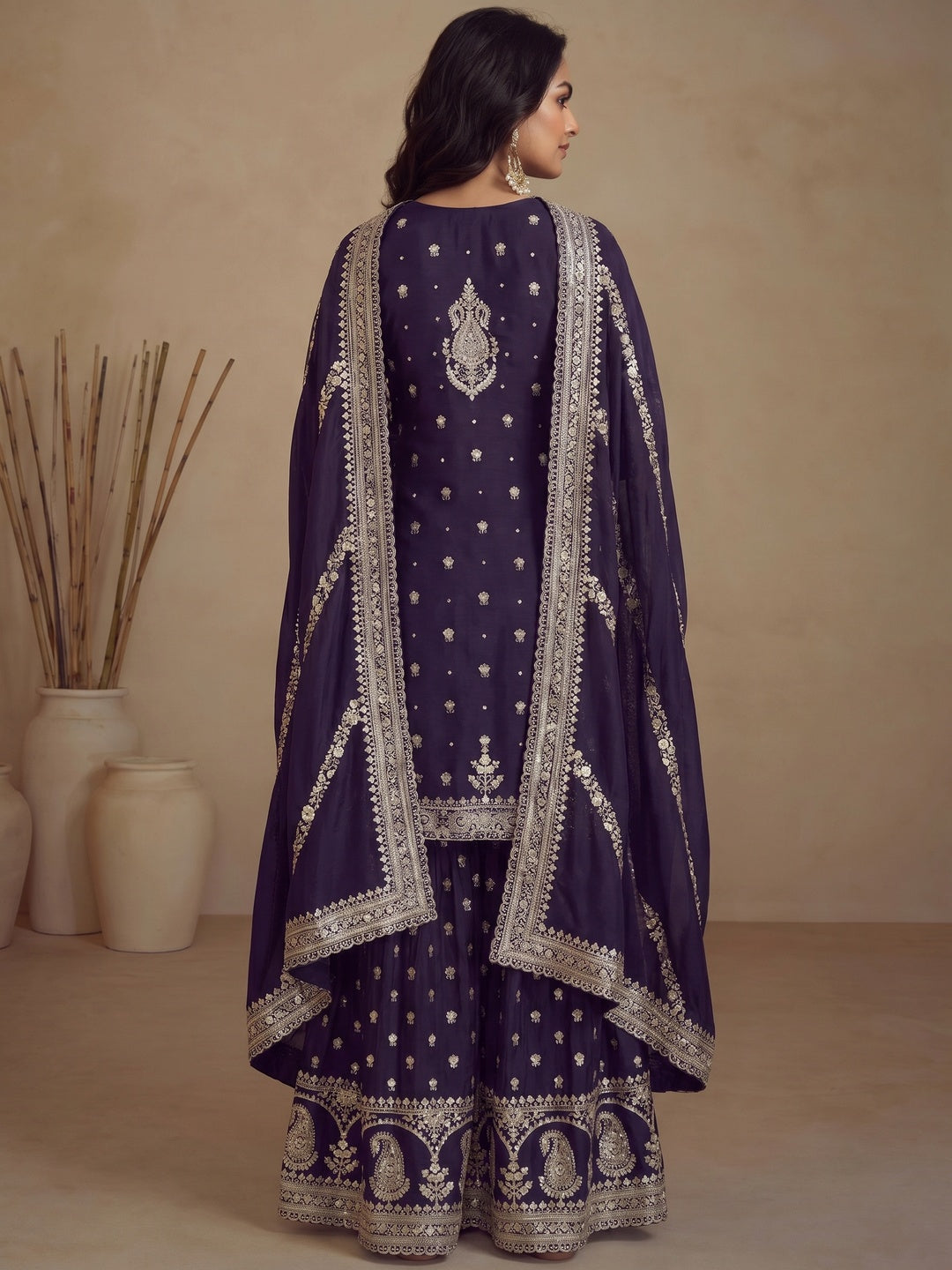 Purple Floral Sequins Embroidered Satin Silk Semi Stitched Suit - Image 1