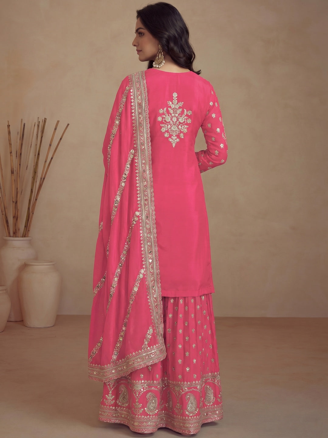 Pink Floral Sequins Embroidered Satin Silk Semi Stitched Suit - Image 1