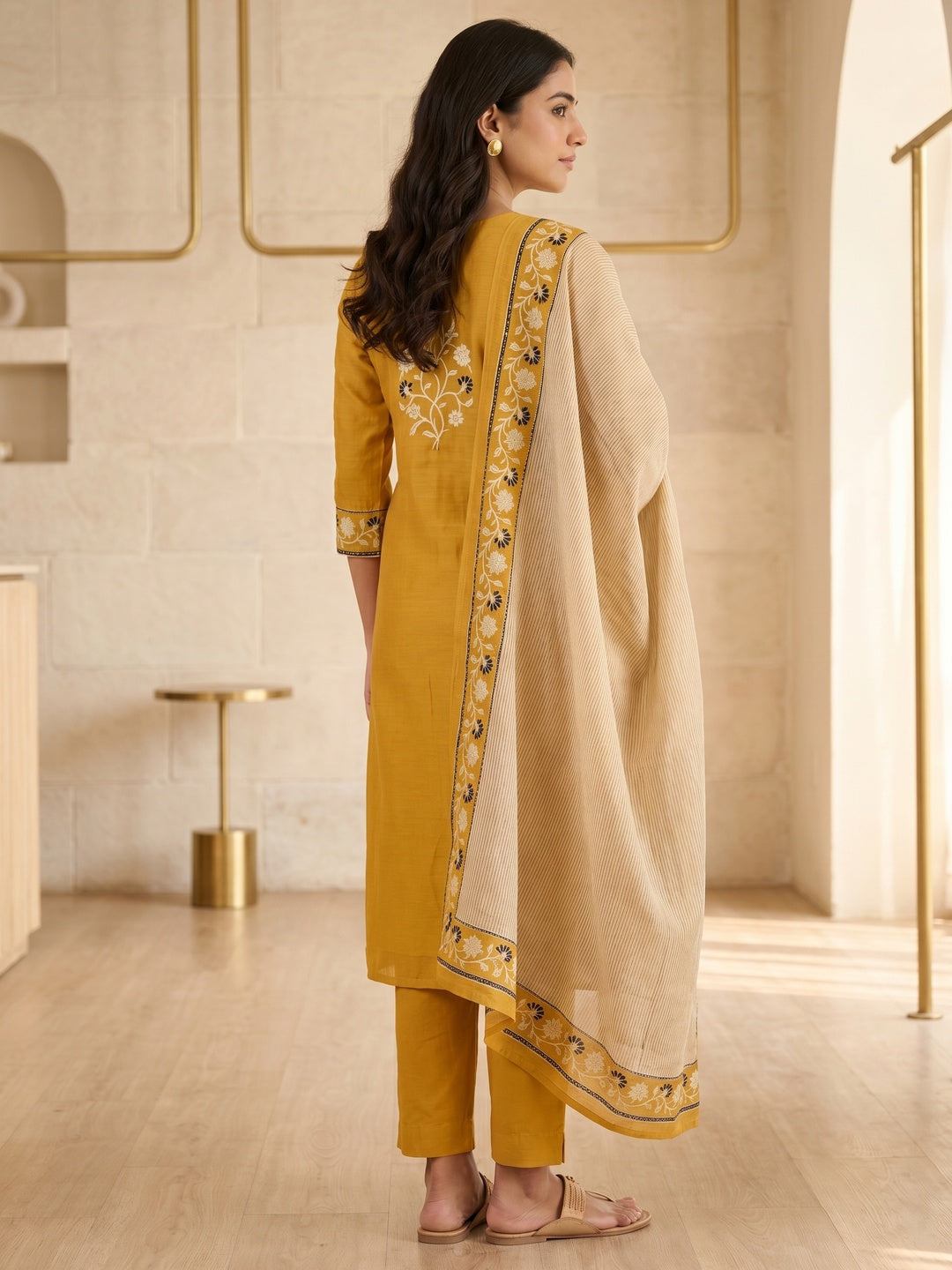 Mustard Mul Chanderi Embroidered Salwar Suit Set - Image 2