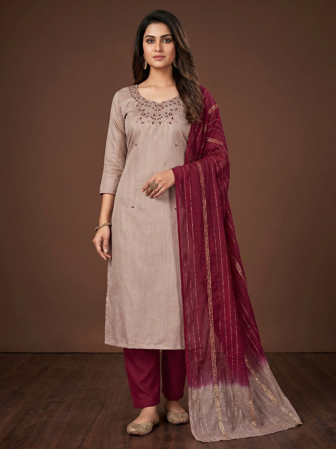 Chikoo Floral Embroidered Art Silk Dress Material - Image 1