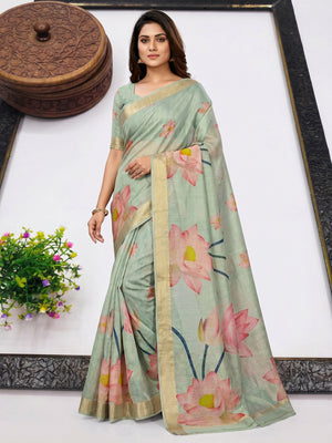 Pastel Green Floral Printed Art Silk Saree With Tassels - Image 1