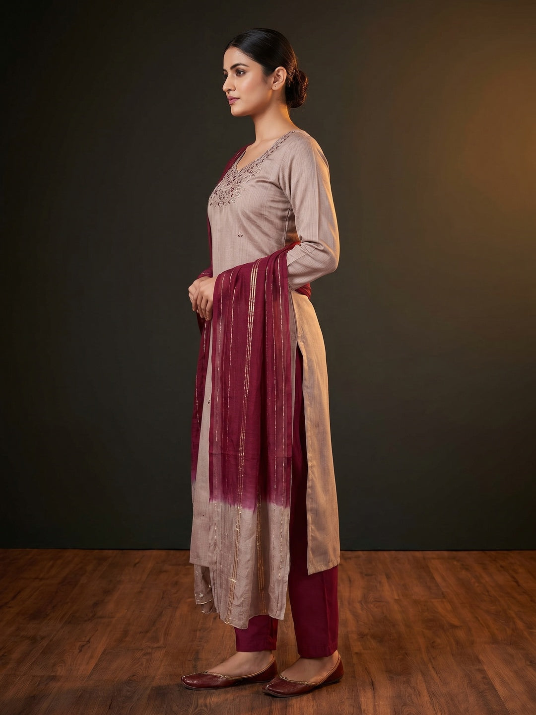 Chikoo Floral Embroidered Art Silk Dress Material - Image 2
