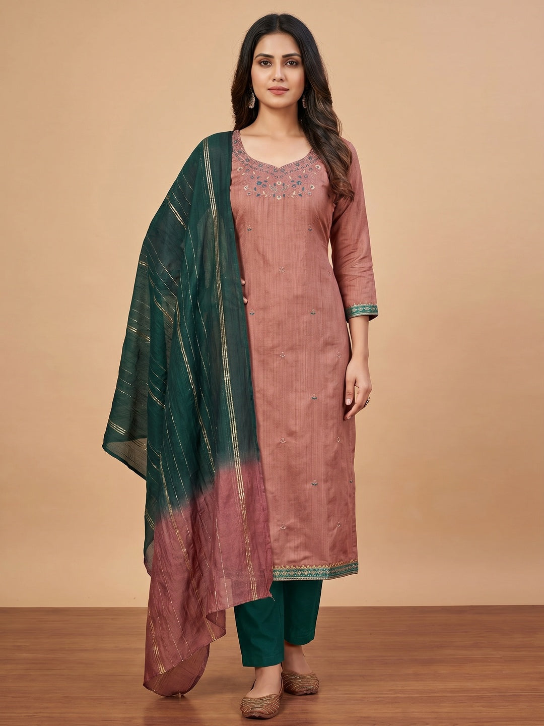 Rust Floral Embroidered Art Silk Dress Material - Image 1