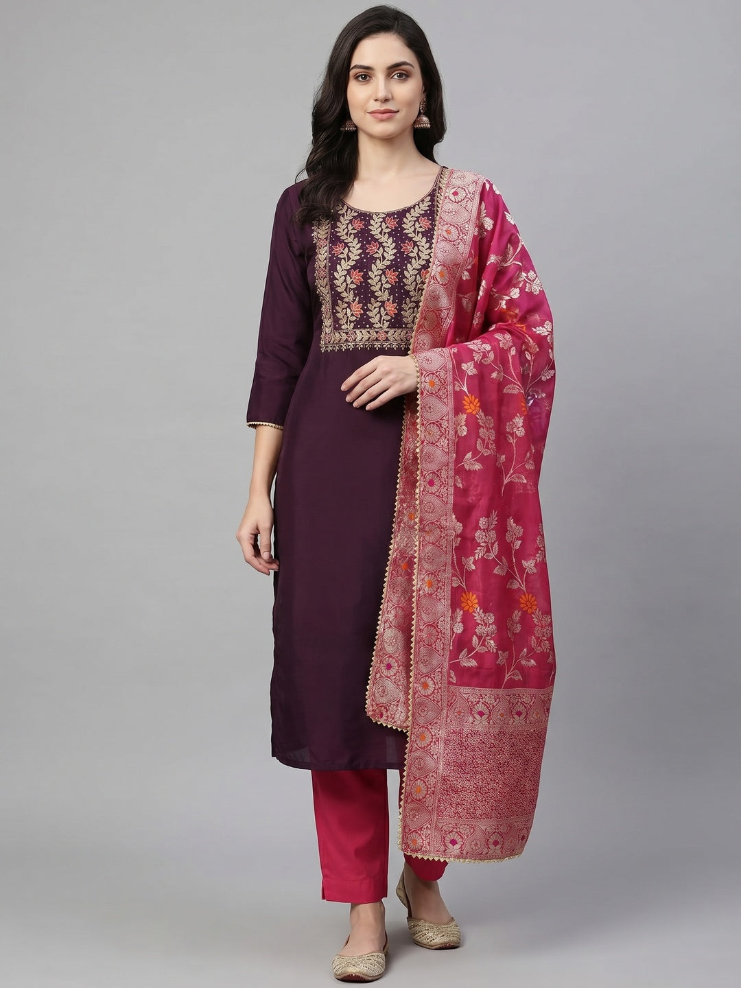 Wine Floral Sequins Embroidered Cotton Roman Silk Dress Material - Image 1