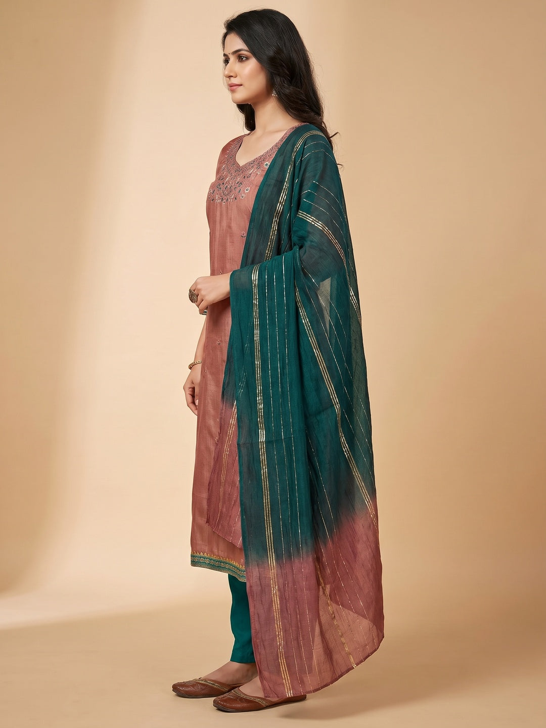 Rust Floral Embroidered Art Silk Dress Material - Image 3