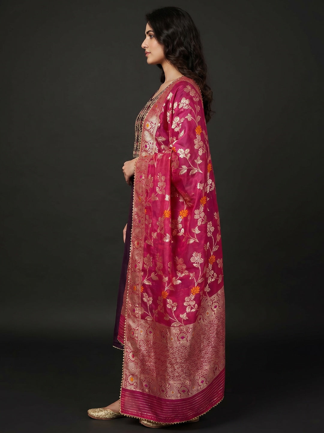 Wine Floral Sequins Embroidered Cotton Roman Silk Dress Material - Image 2