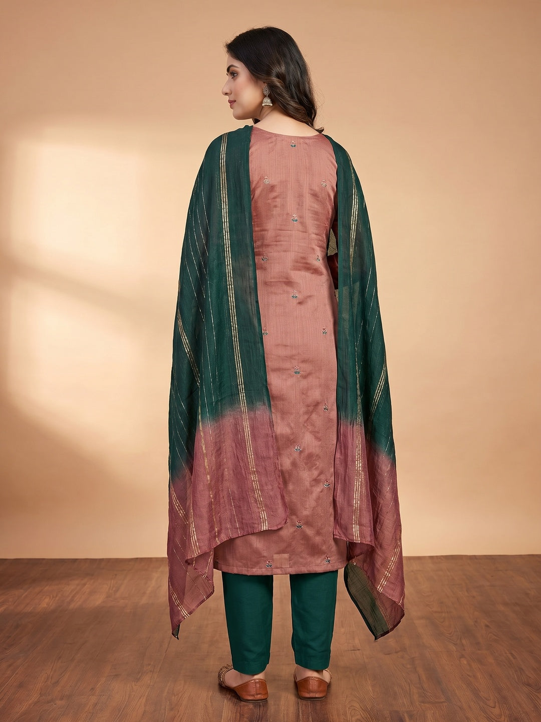 Rust Floral Embroidered Art Silk Dress Material - Image 2