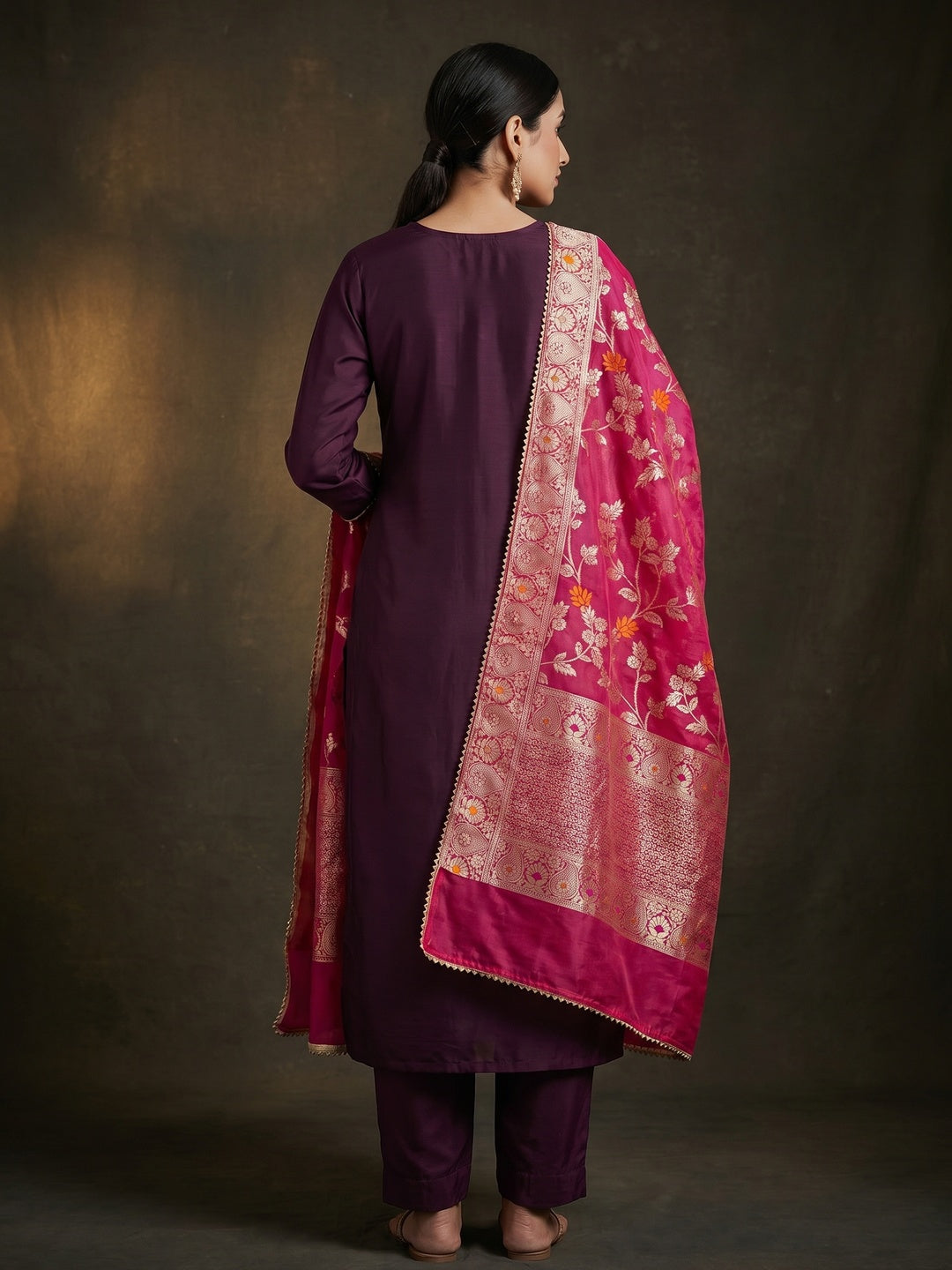 Wine Floral Sequins Embroidered Cotton Roman Silk Dress Material - Image 3
