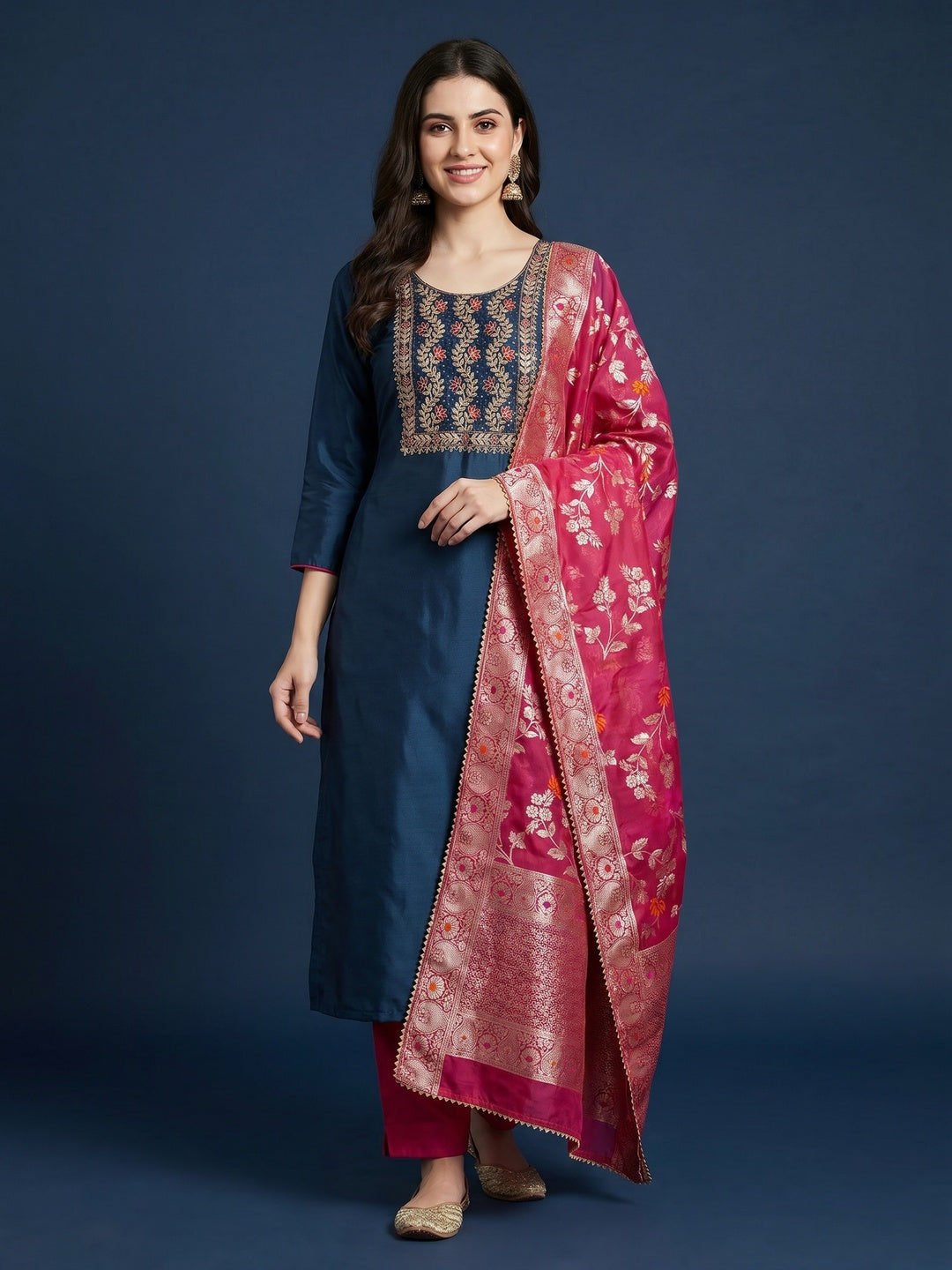 Blue Floral Sequins Embroidered Cotton Roman Silk Dress Material - Image 1