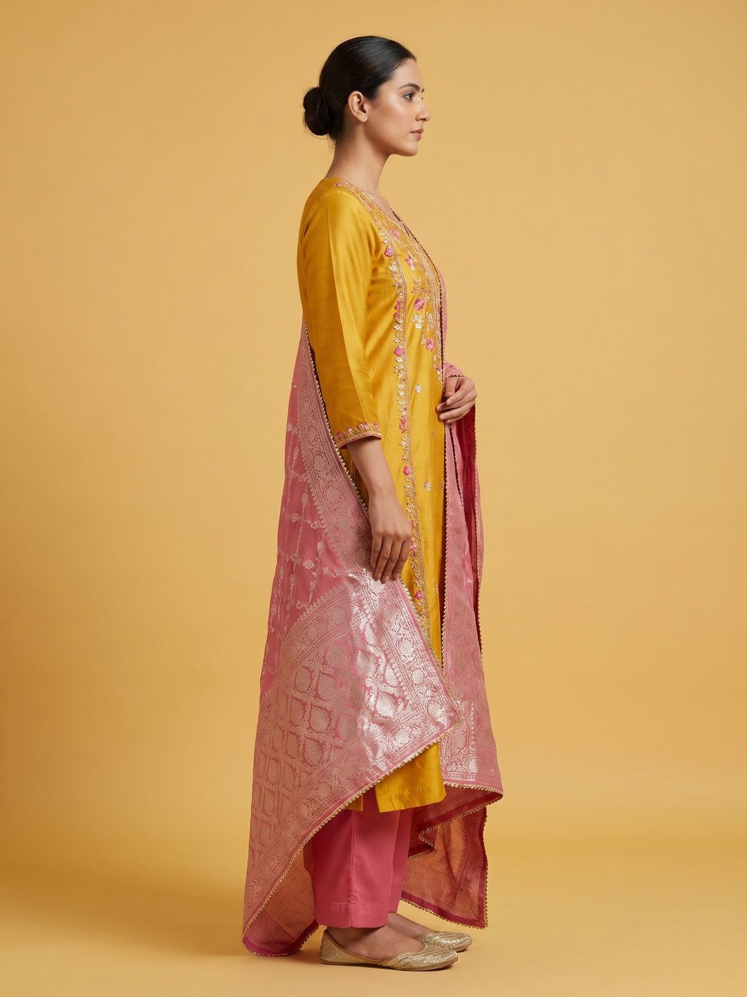 Mustard Floral Sequins Embroidered Cotton Roman Silk Dress Material - Image 2