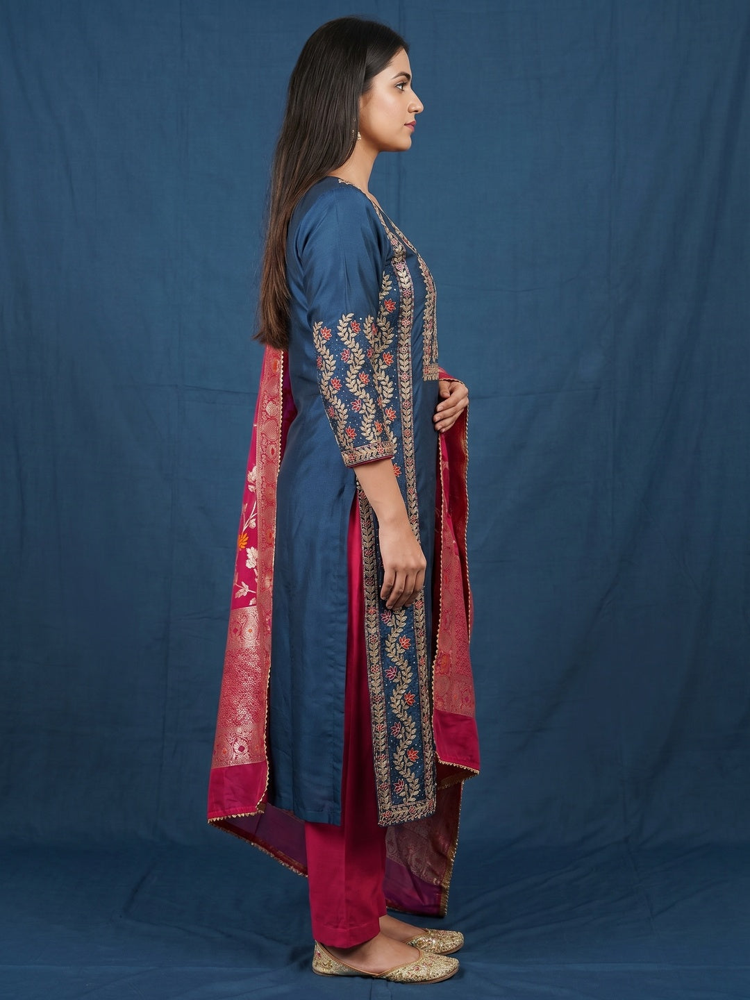 Blue Floral Sequins Embroidered Cotton Roman Silk Dress Material - Image 2