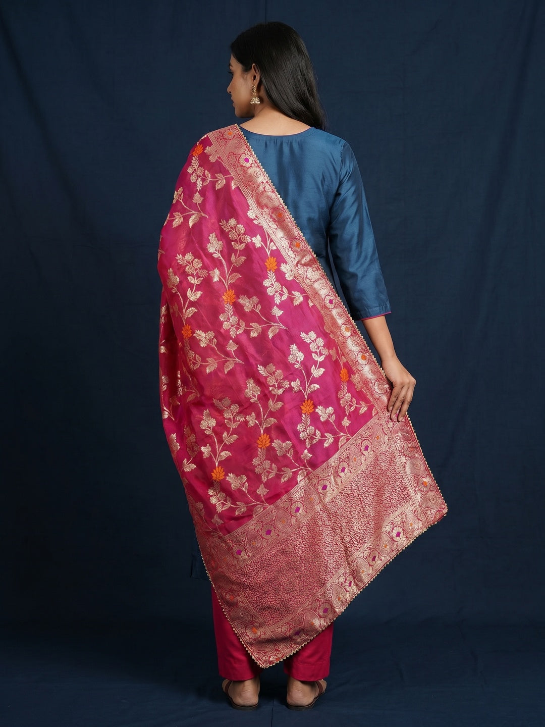 Blue Floral Sequins Embroidered Cotton Roman Silk Dress Material - Image 3