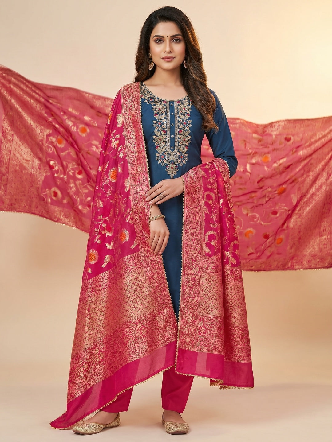 Blue Floral Sequins Embroidered Cotton Roman Silk Dress Material - Image 1
