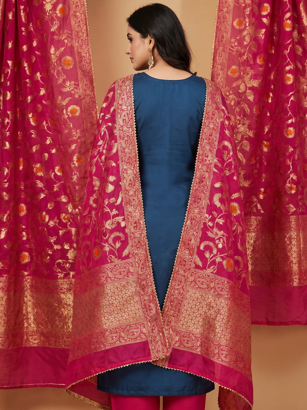 Blue Floral Sequins Embroidered Cotton Roman Silk Dress Material - Image 3