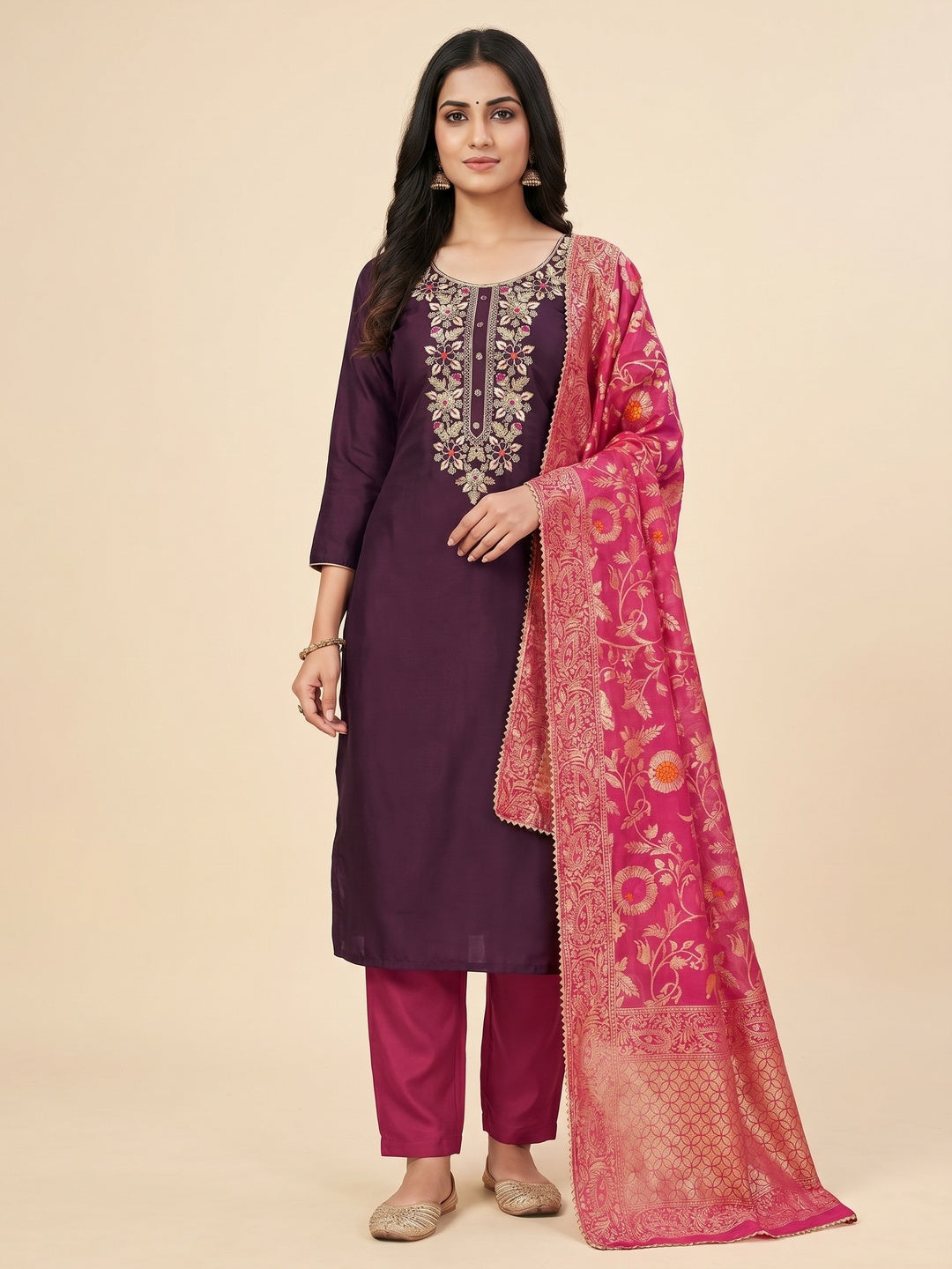 Wine Floral Sequins Embroidered Cotton Roman Silk Dress Material - Image 1
