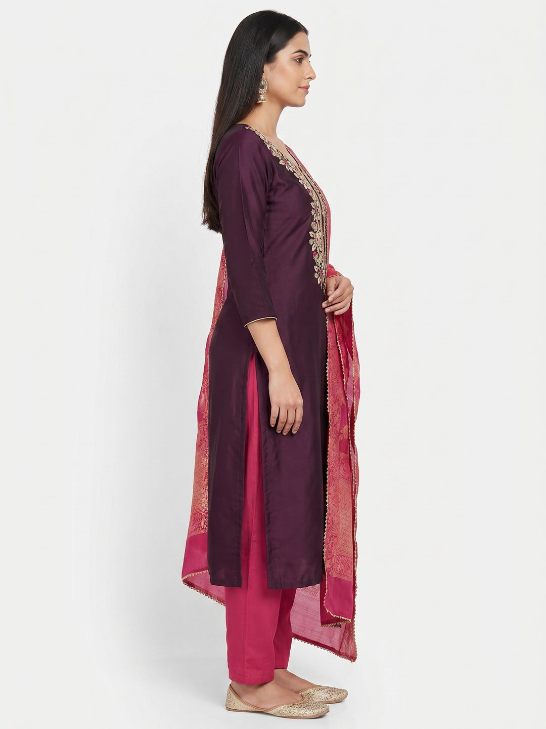 Wine Floral Sequins Embroidered Cotton Roman Silk Dress Material - Image 2