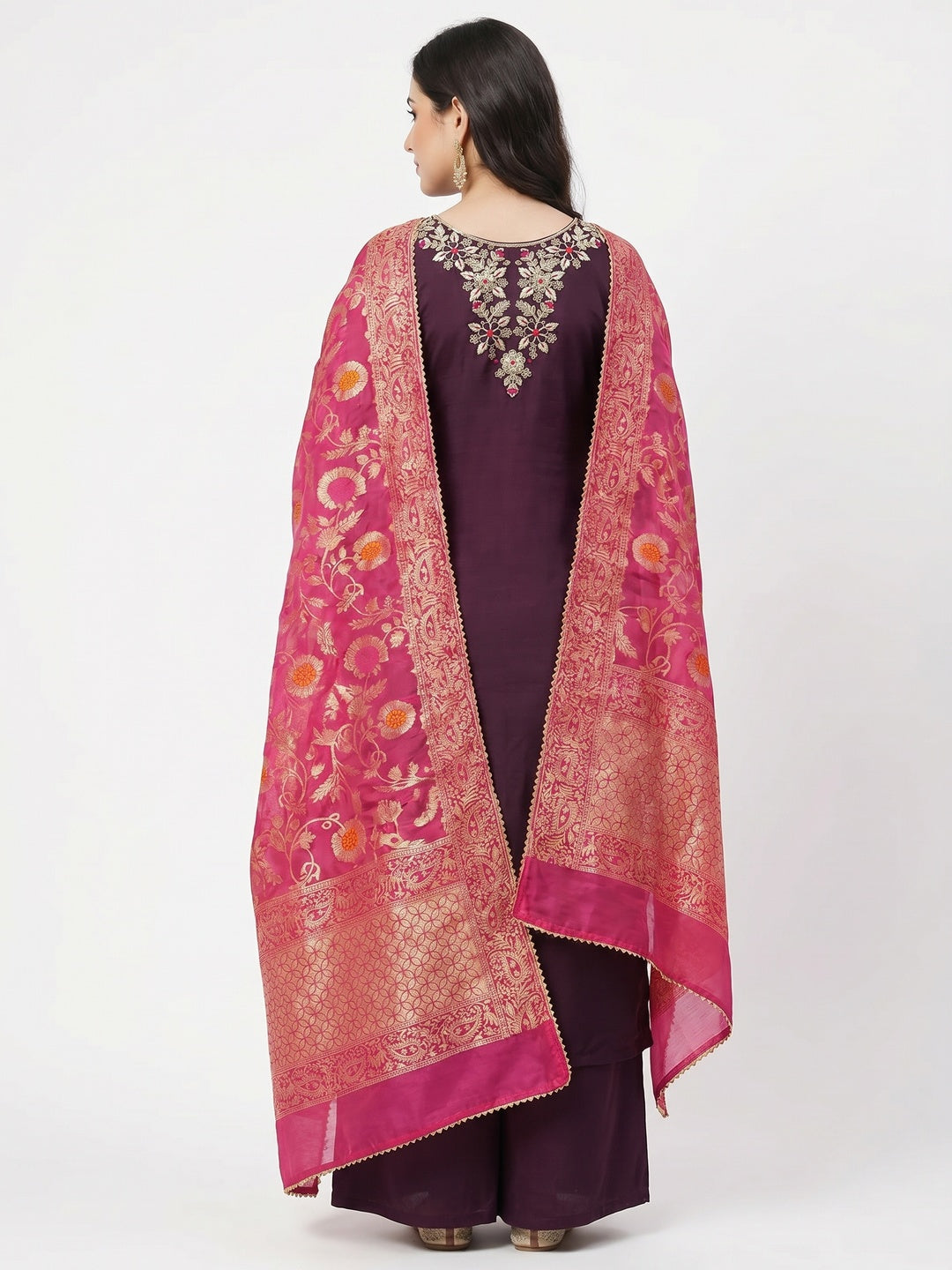 Wine Floral Sequins Embroidered Cotton Roman Silk Dress Material - Image 3