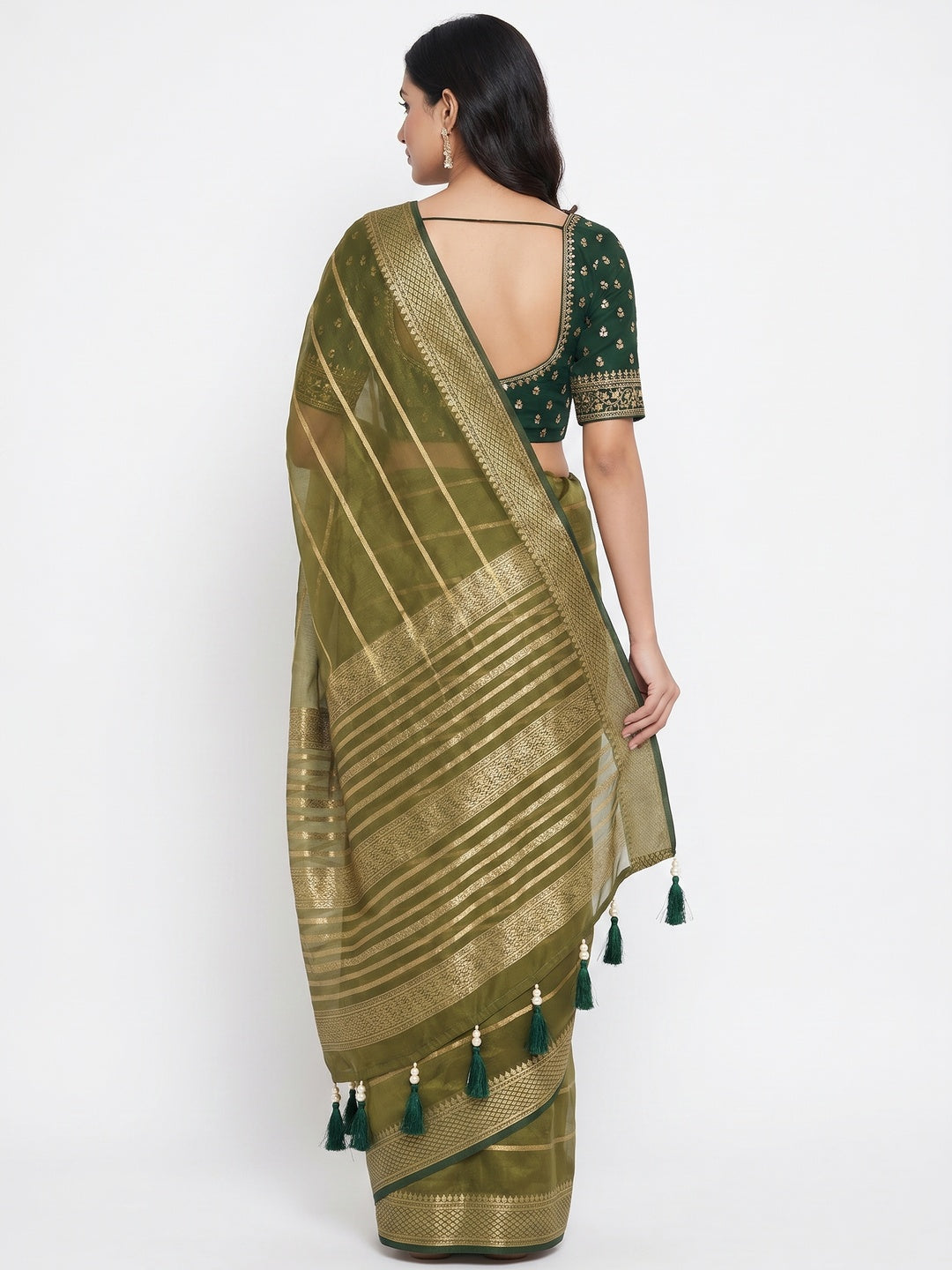 Olive Zari Work Woven Organza Saree - Image 2