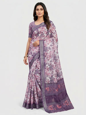 Purple Floral Digital Printed Linen Saree With Zari Border - Image 1