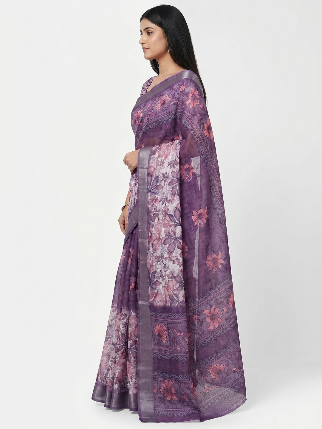 Purple Floral Digital Printed Linen Saree With Zari Border - Image 2