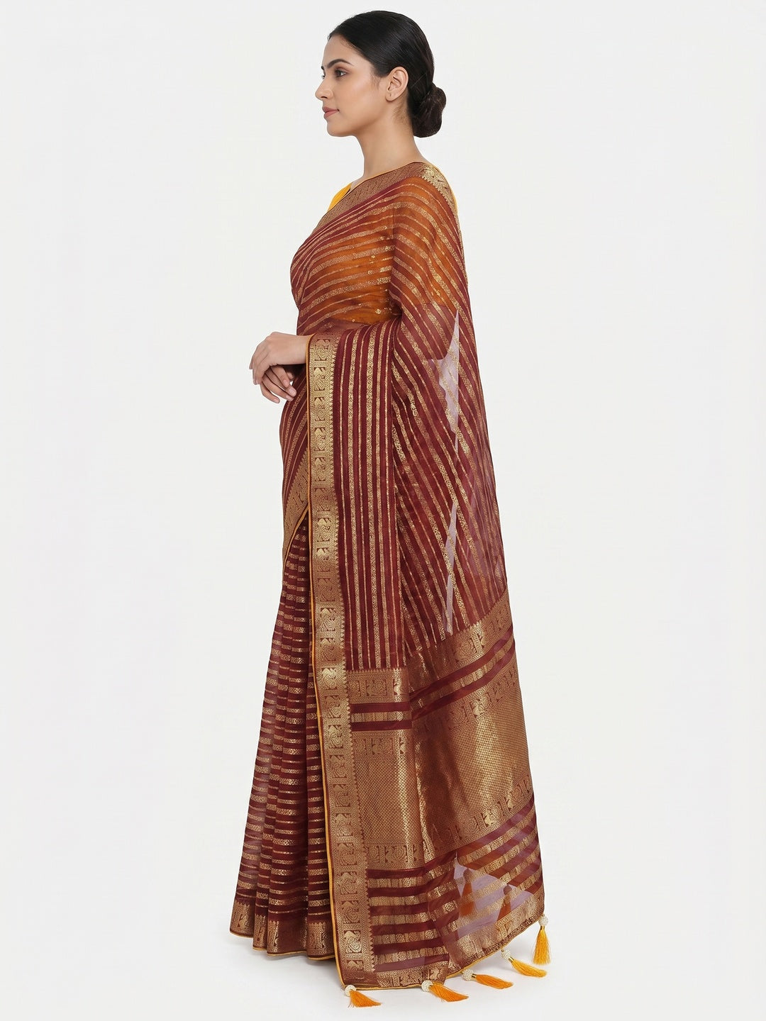 Maroon Zari Work Woven Organza Saree - Image 3
