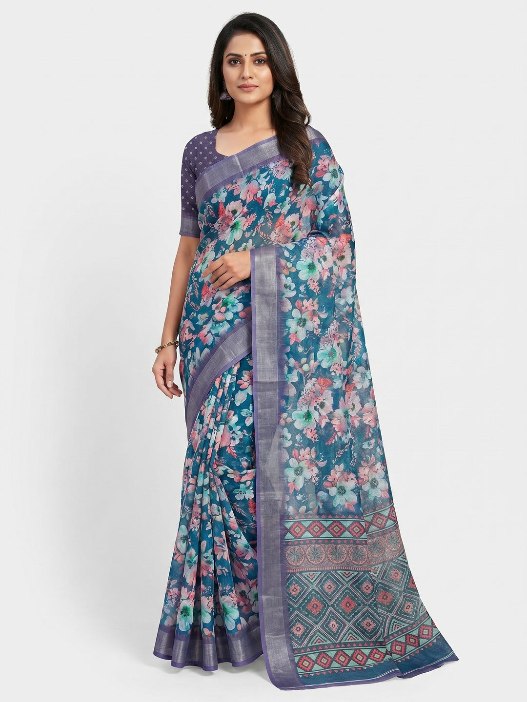 Blue Floral Digital Printed Linen Saree With Zari Border - Image 1