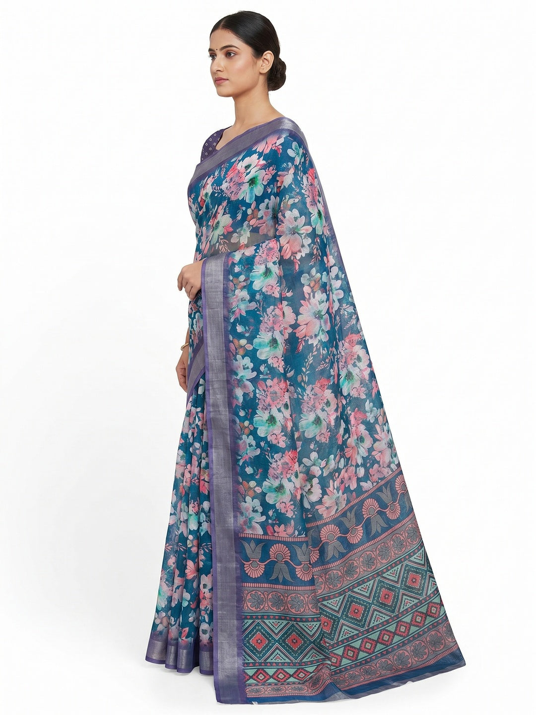 Blue Floral Digital Printed Linen Saree With Zari Border - Image 2