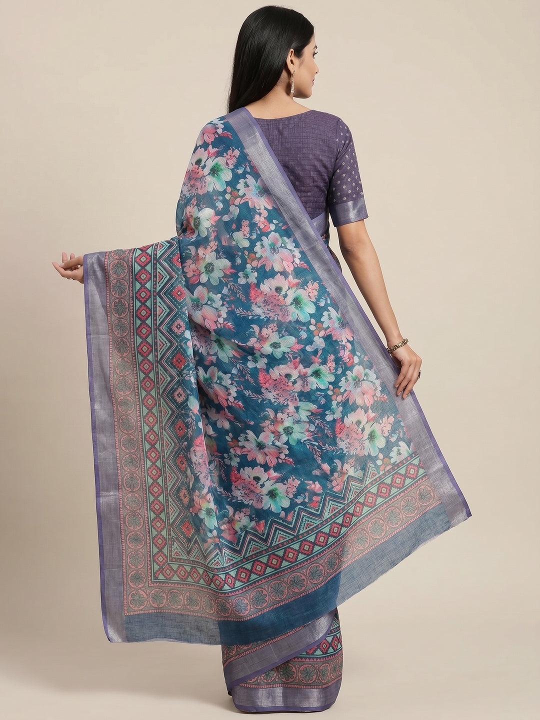 Blue Floral Digital Printed Linen Saree With Zari Border - Image 3