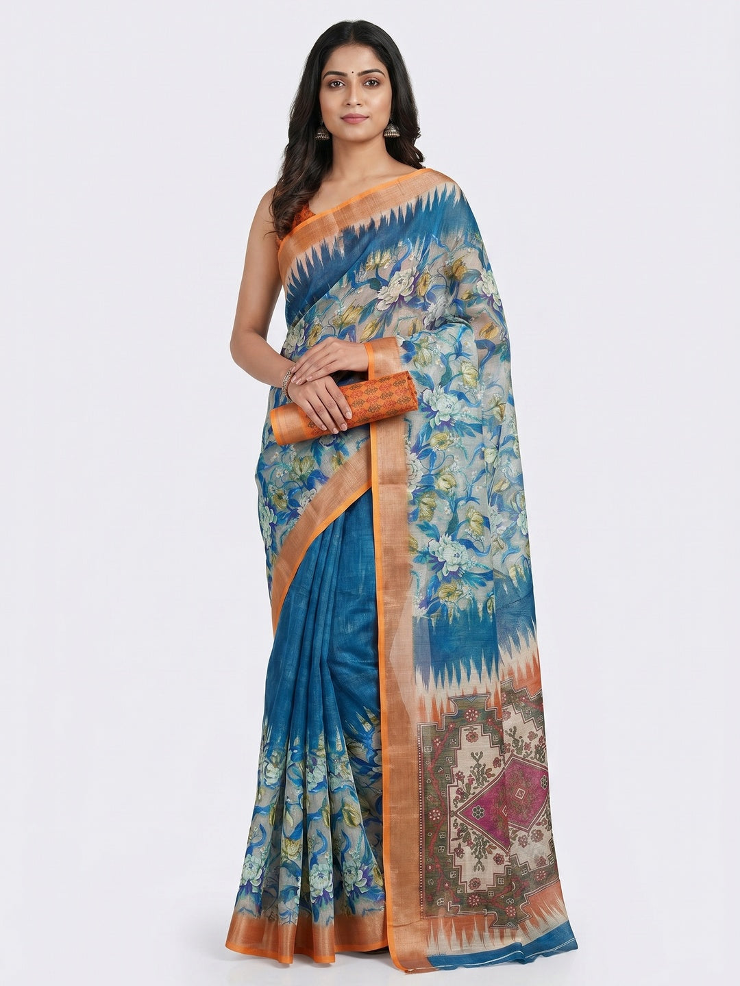 Blue Floral Digital Printed Linen Saree With Zari Border - Image 1