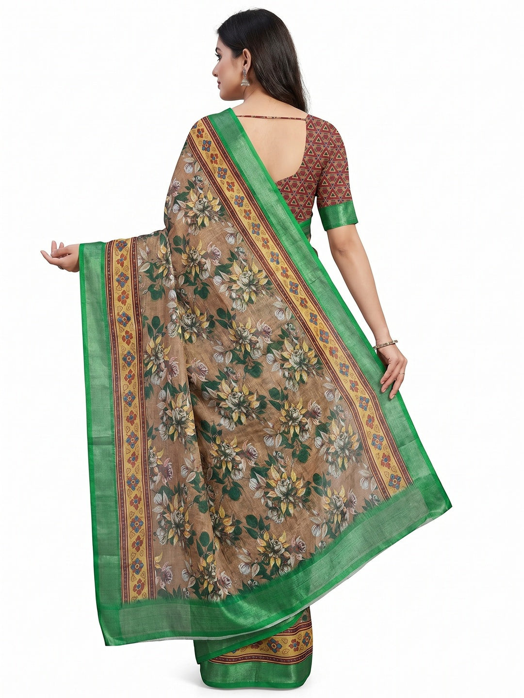 Brown Floral Digital Printed Linen Saree With Zari Border - Image 3