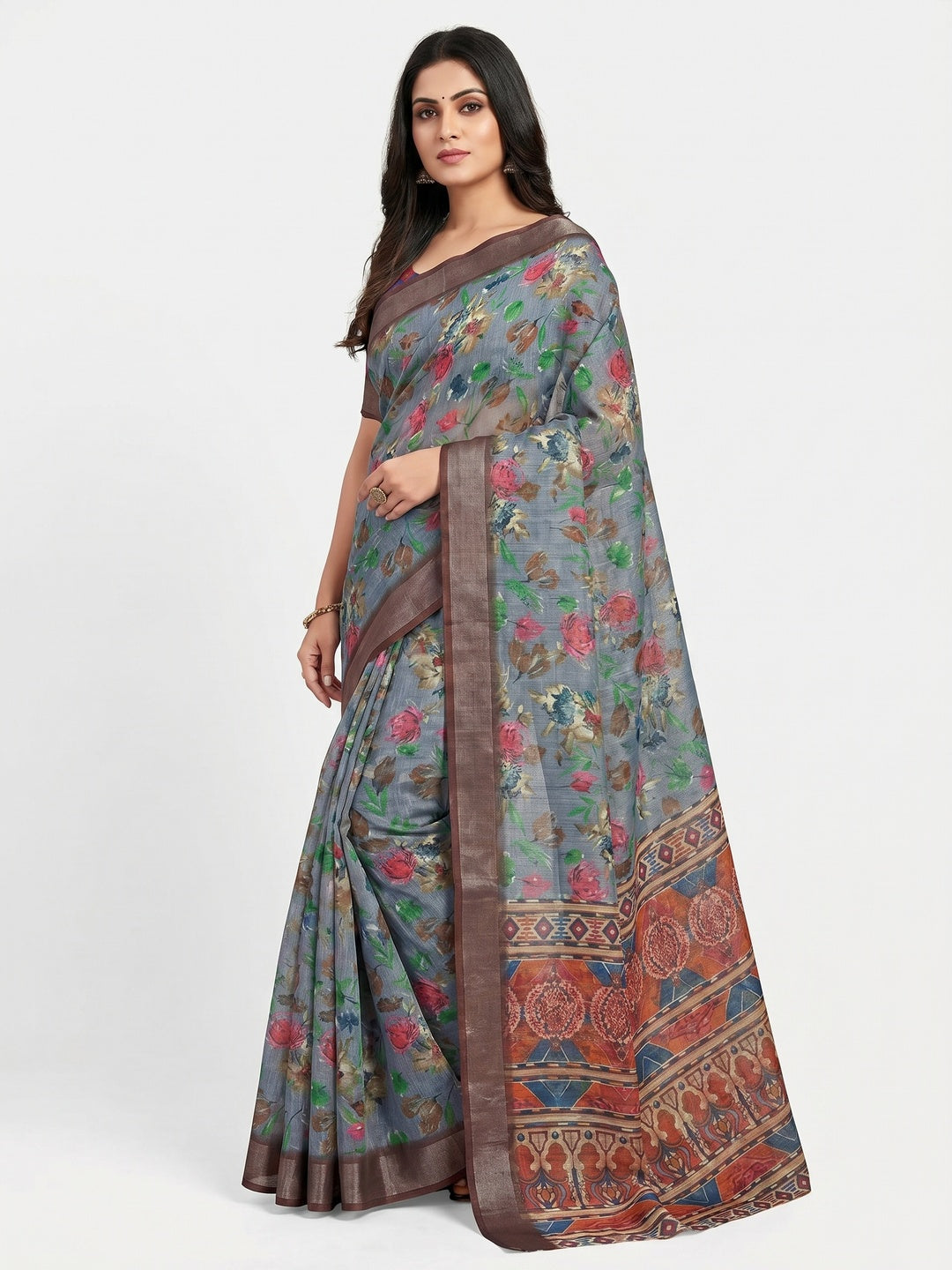 Grey Floral Digital Printed Linen Saree With Zari Border - Image 1