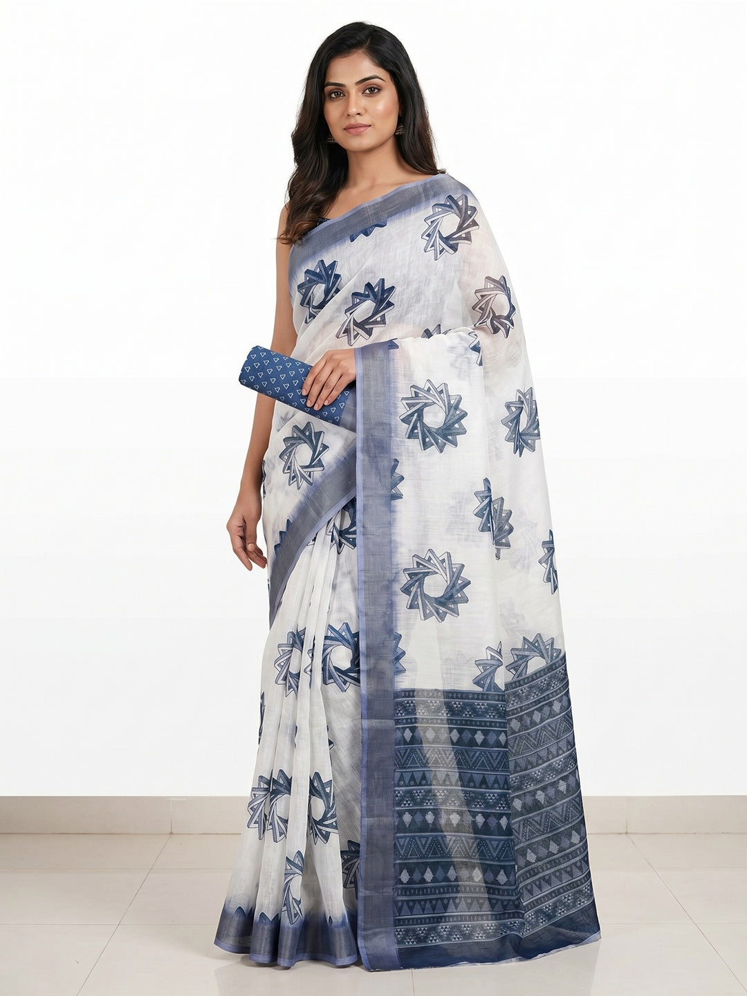 White & Blue Digital Printed Linen Saree With Zari Border - Image 1