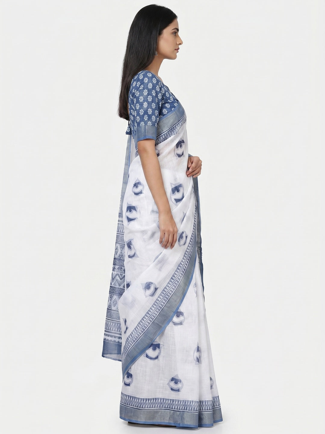 White & Blue Digital Printed Linen Saree With Zari Border - Image 2