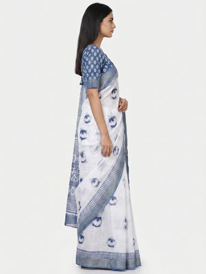 White & Blue Digital Printed Linen Saree With Zari Border - Image 2