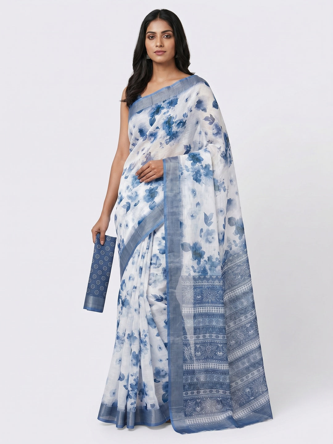 White & Blue Floral Digital Printed Linen Saree With Zari Border - Image 1