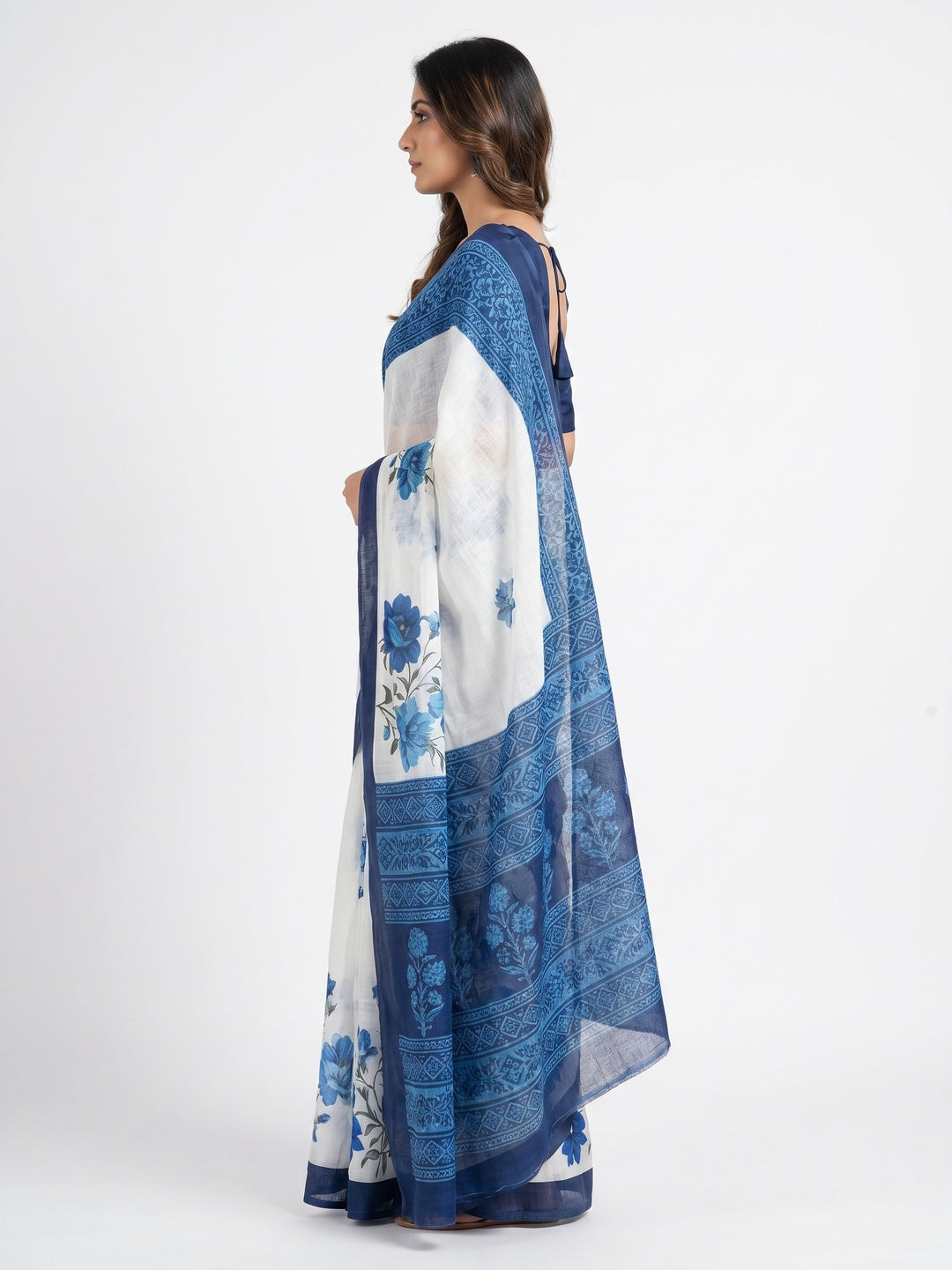 White & Blue Floral Digital Printed Linen Saree With Zari Border - Image 3