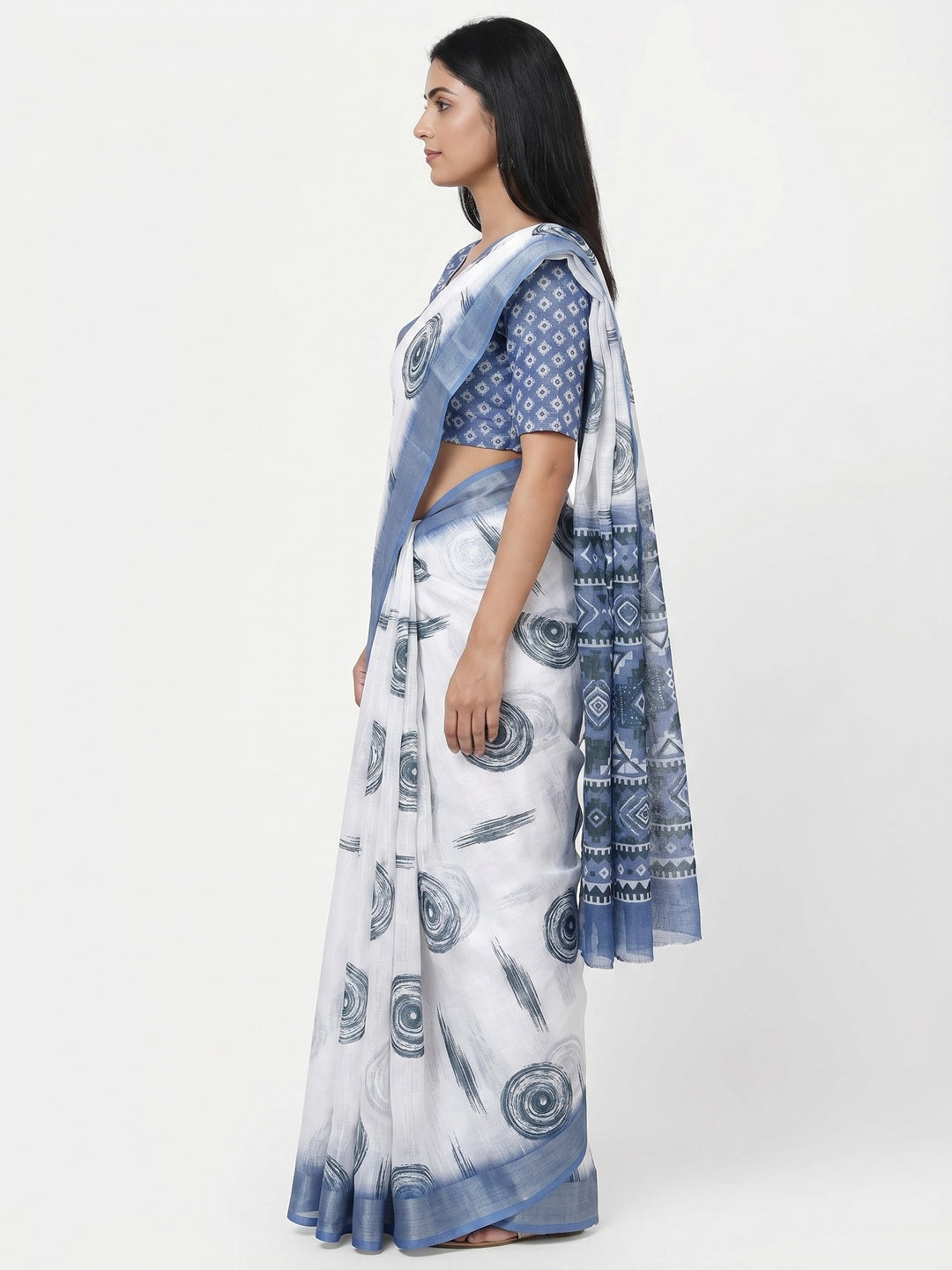 White & Blue Digital Printed Linen Saree With Zari Border - Image 2