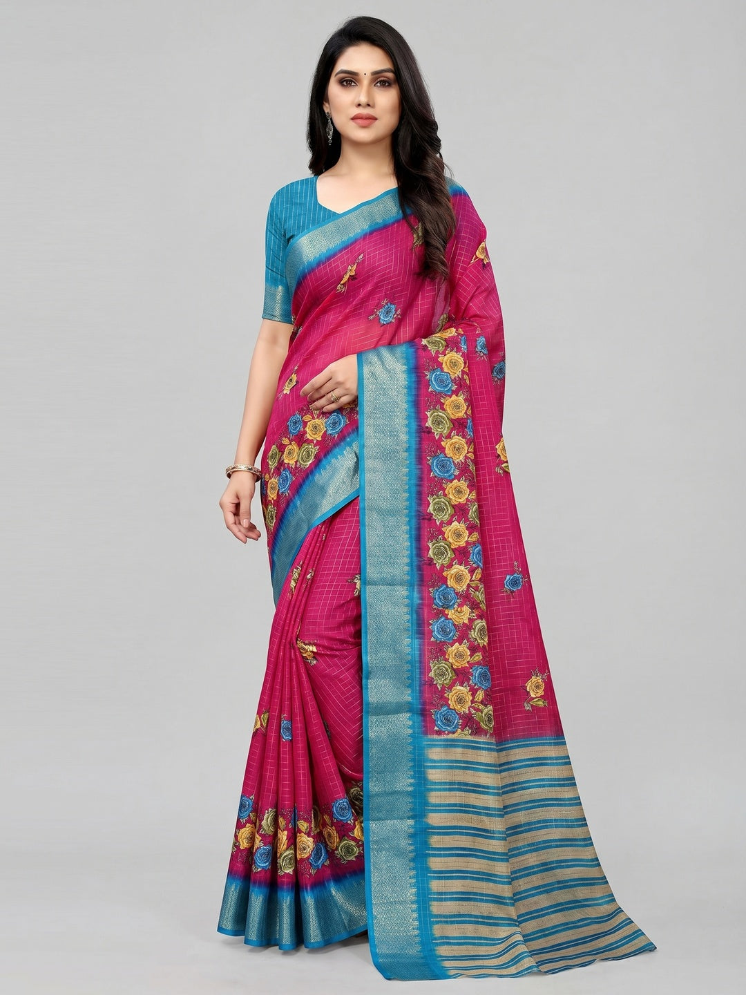 Pink Floral Zari Checks Woven Dola Silk Jacquard Saree - Image 1