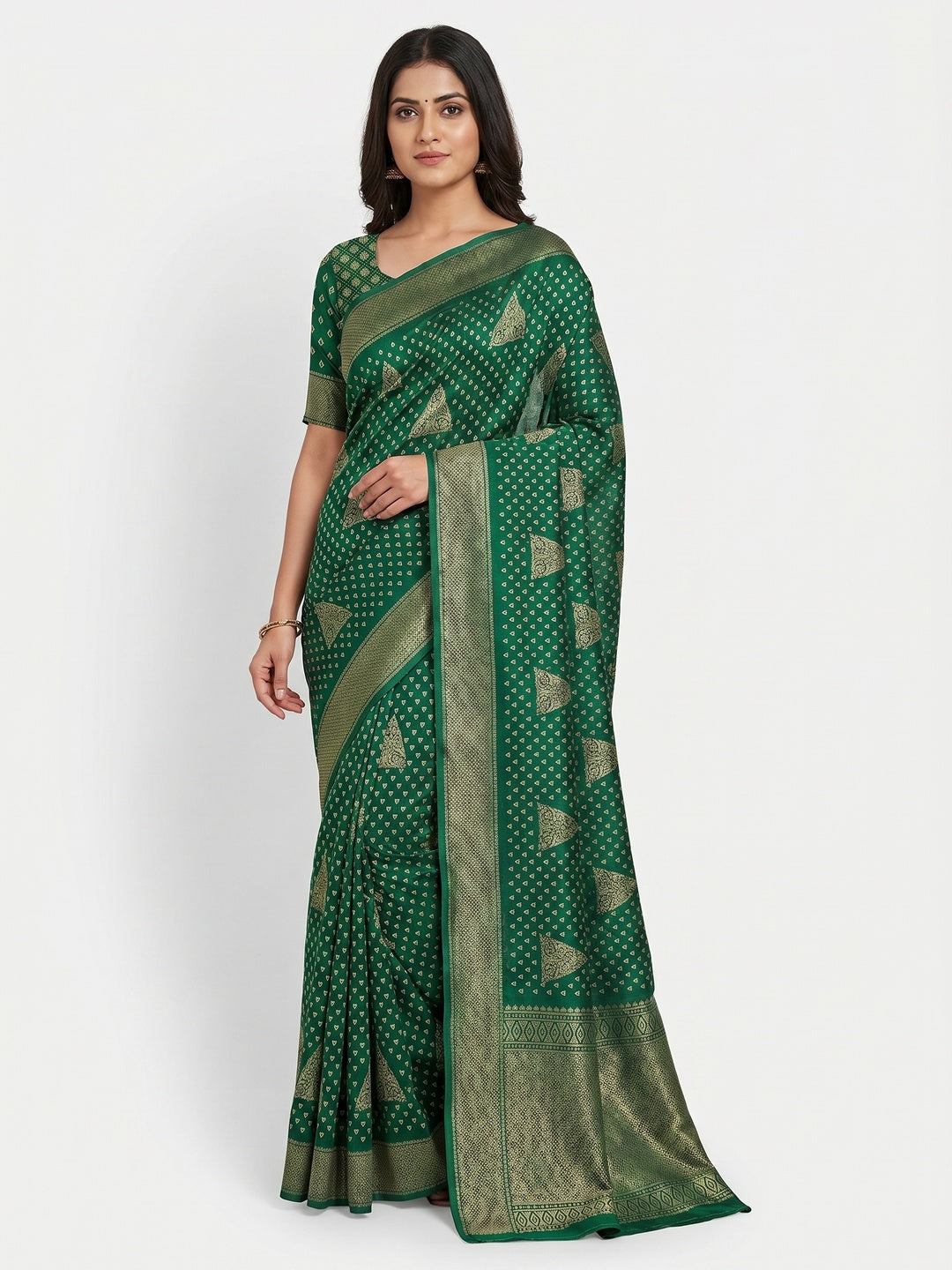Green Geometric Printed Dola Silk Saree With Zari Border - Image 1