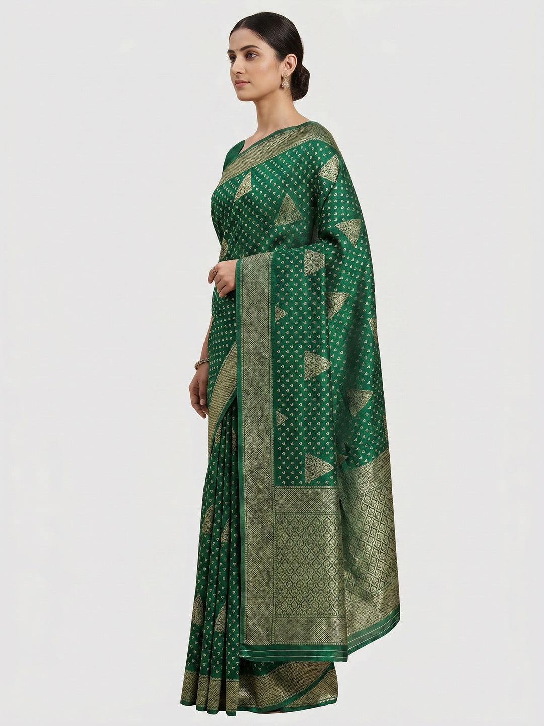 Green Geometric Printed Dola Silk Saree With Zari Border - Image 2