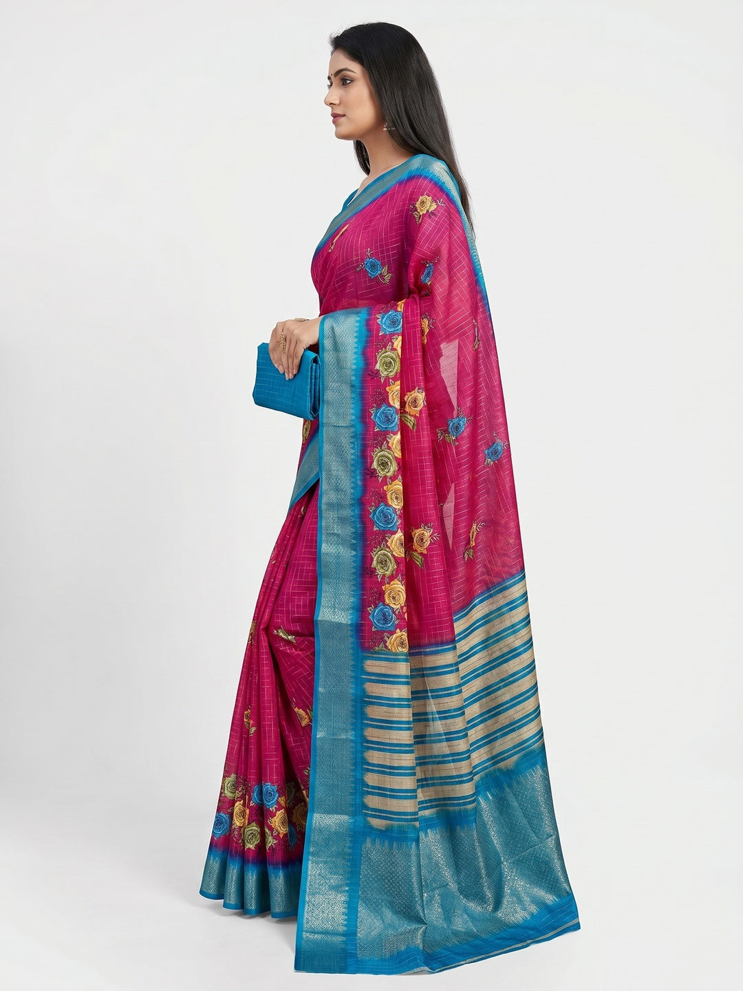 Pink Floral Zari Checks Woven Dola Silk Jacquard Saree - Image 3