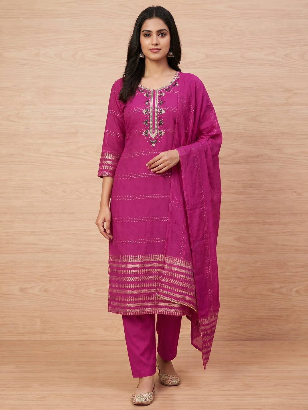 Rani Pink Floral Foil Printed With Handwork Modal Cotton Silk Dress Material - Image 1