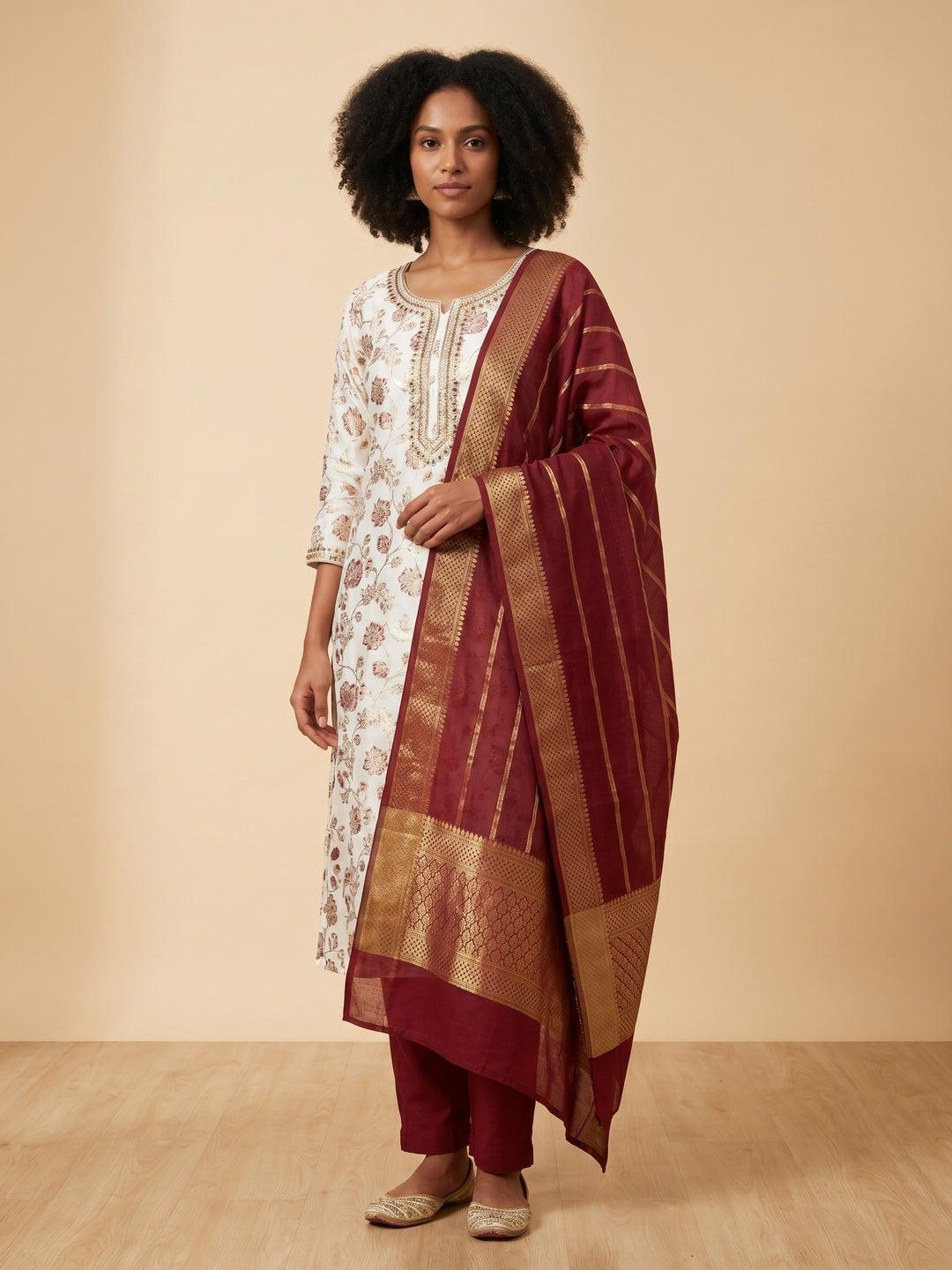 Maroon Floral Foil Printed With Handwork Modal Cotton Silk Dress Material - Image 1