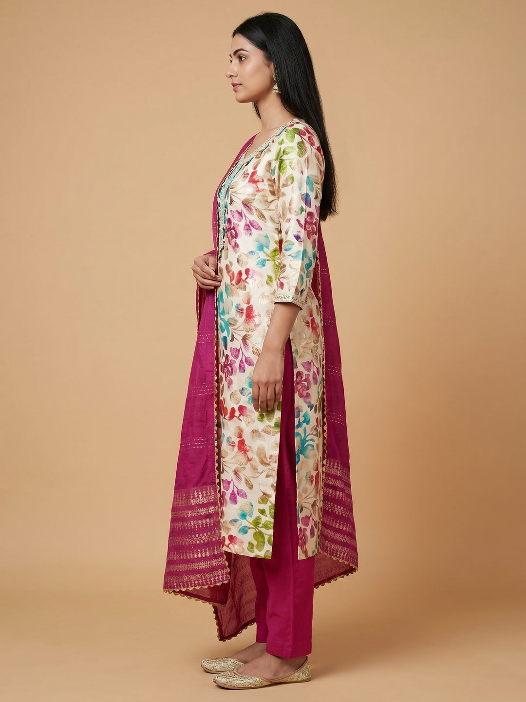 Rani Pink Floral Foil Printed With Handwork Modal Cotton Silk Dress Material - Image 2