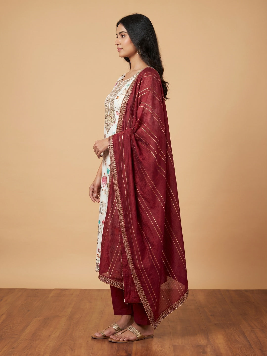 Maroon Floral Foil Printed With Handwork Modal Cotton Silk Dress Material - Image 3