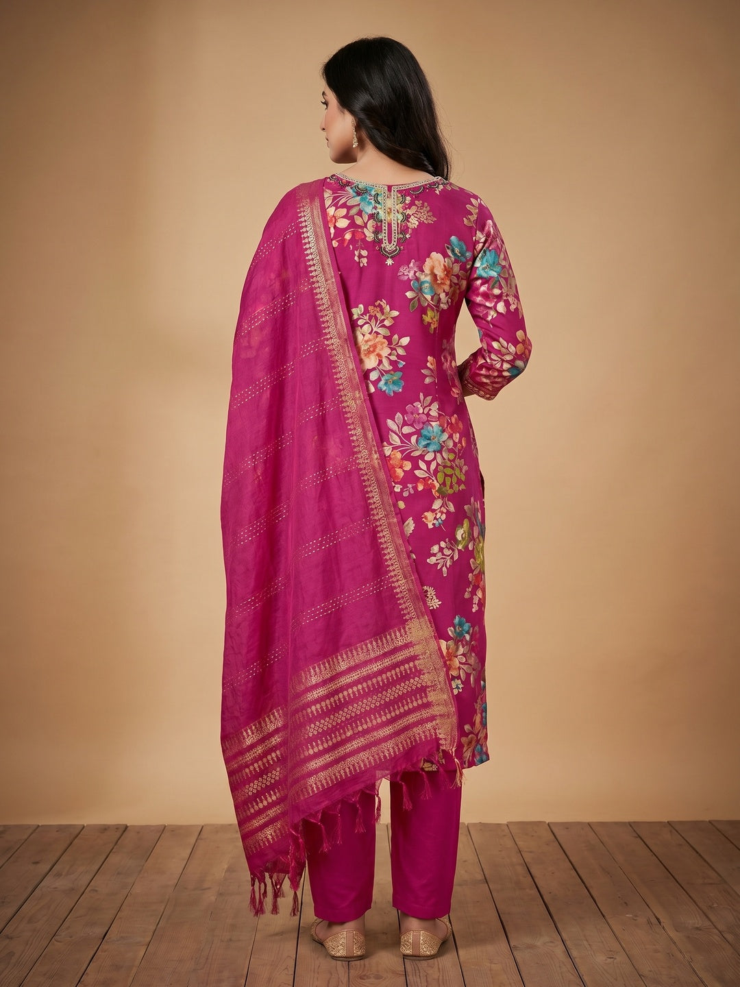 Rani Pink Floral Foil Printed With Handwork Modal Cotton Silk Dress Material - Image 3