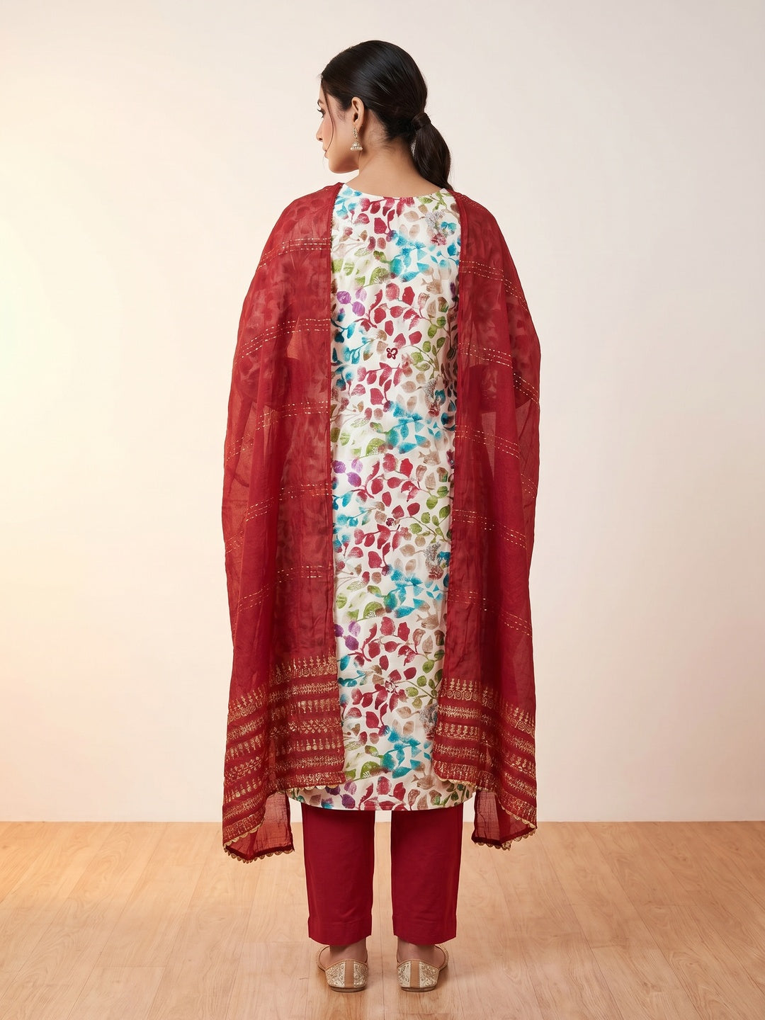 Maroon Floral Foil Printed With Handwork Modal Cotton Silk Dress Material - Image 2