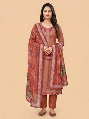 Rust Floral Sequins Embroidered Art Silk Dress Material - Image 1