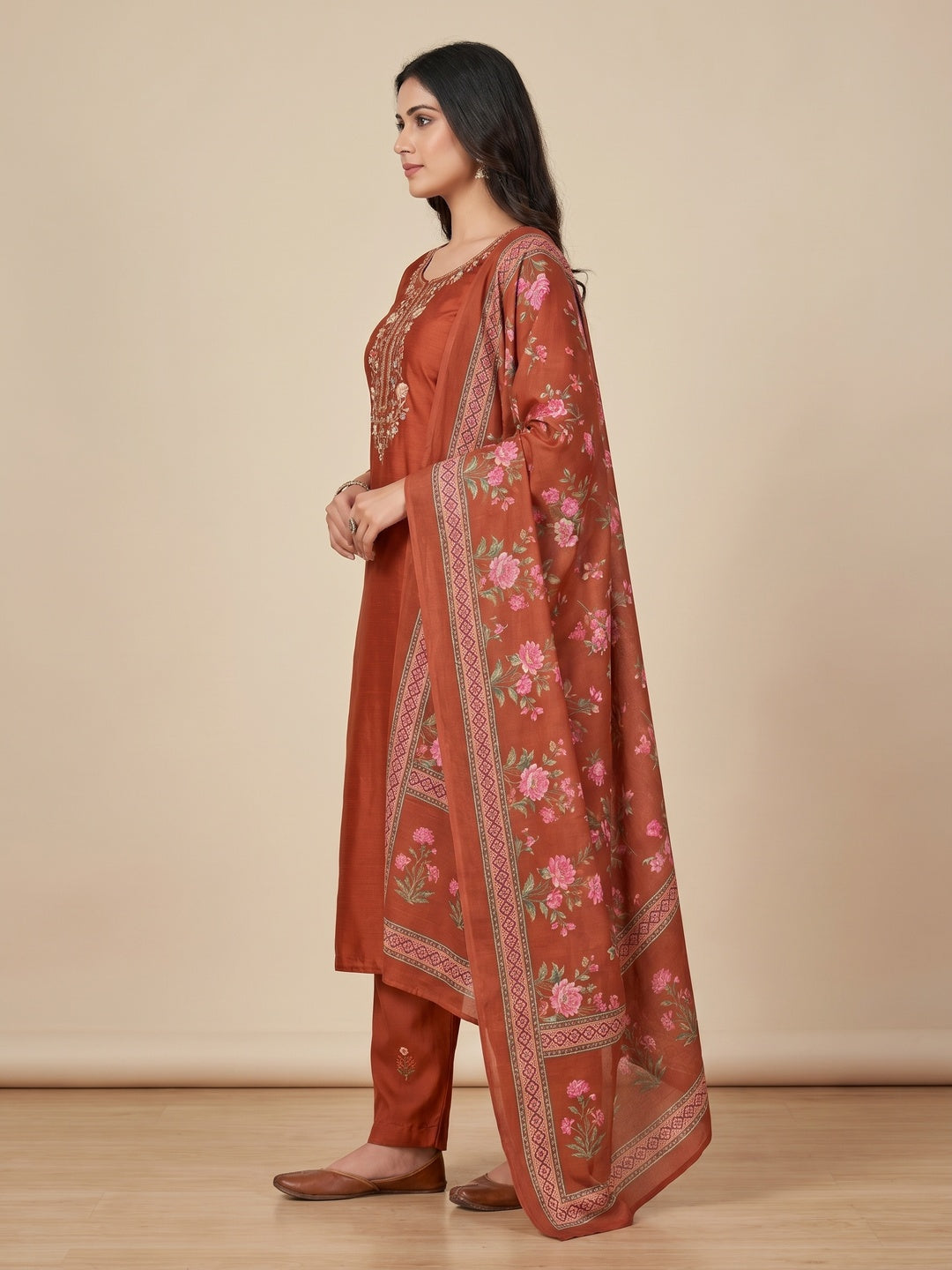 Rust Floral Sequins Embroidered Art Silk Dress Material - Image 2